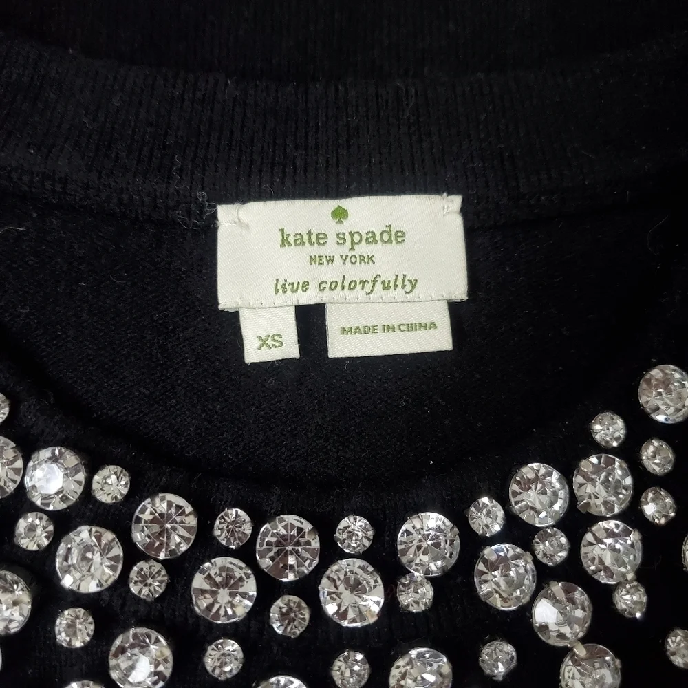 Kate Spade Do Wonders Black Rhinestone Crystals Crew Neck Wool Blend Sweater XS